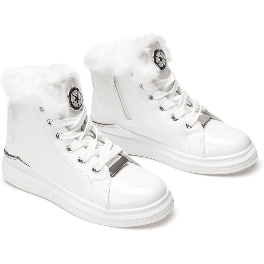 image:imageGLAMORA Bottines chaudes dhiver pour femmes Baskets antidrapantes bottes impermables fermeture clair intrieure bottines confortables lacets pour la marche en extrieurGlossy Textured White