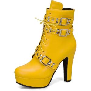 Z39961 Chaussures à lacets et fermeture éclair à talon haut et bout rond pour femme(Jaune)
