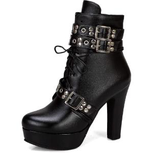 Z39961 Chaussures à lacets et fermeture éclair à talon haut et bout rond pour femme(Noir)