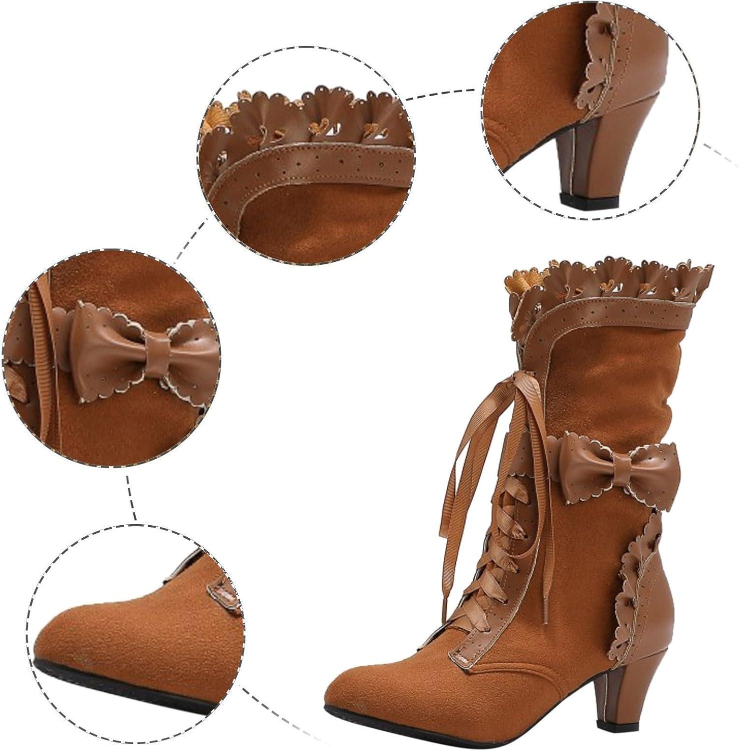 image:imageBoots Bottes mimollets pour femme avec talon lacets en cuir de veau vintage Bottes de loisirs paisses rtro pour femme Bottes de festivalKaki