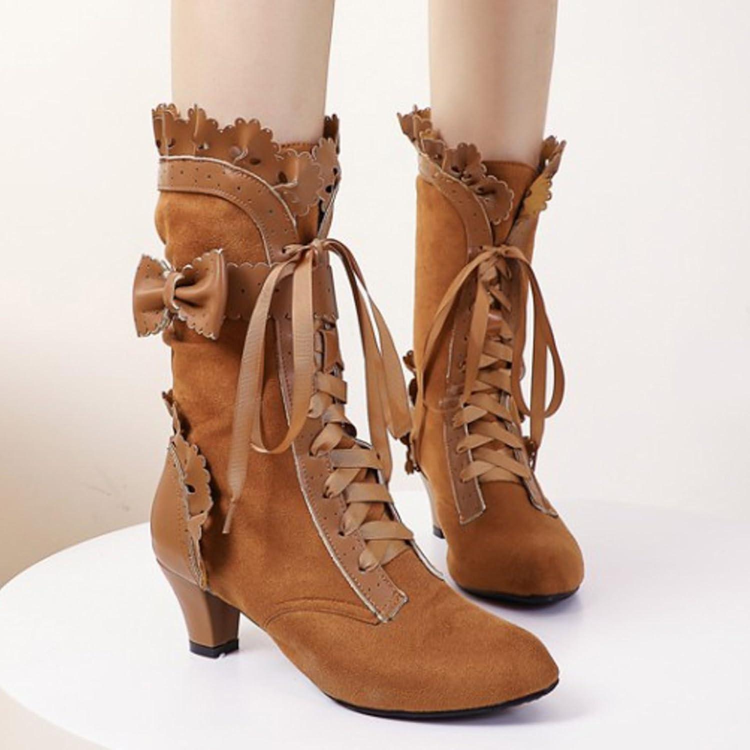 image:imageBoots Bottes mimollets pour femme avec talon lacets en cuir de veau vintage Bottes de loisirs paisses rtro pour femme Bottes de festivalKaki