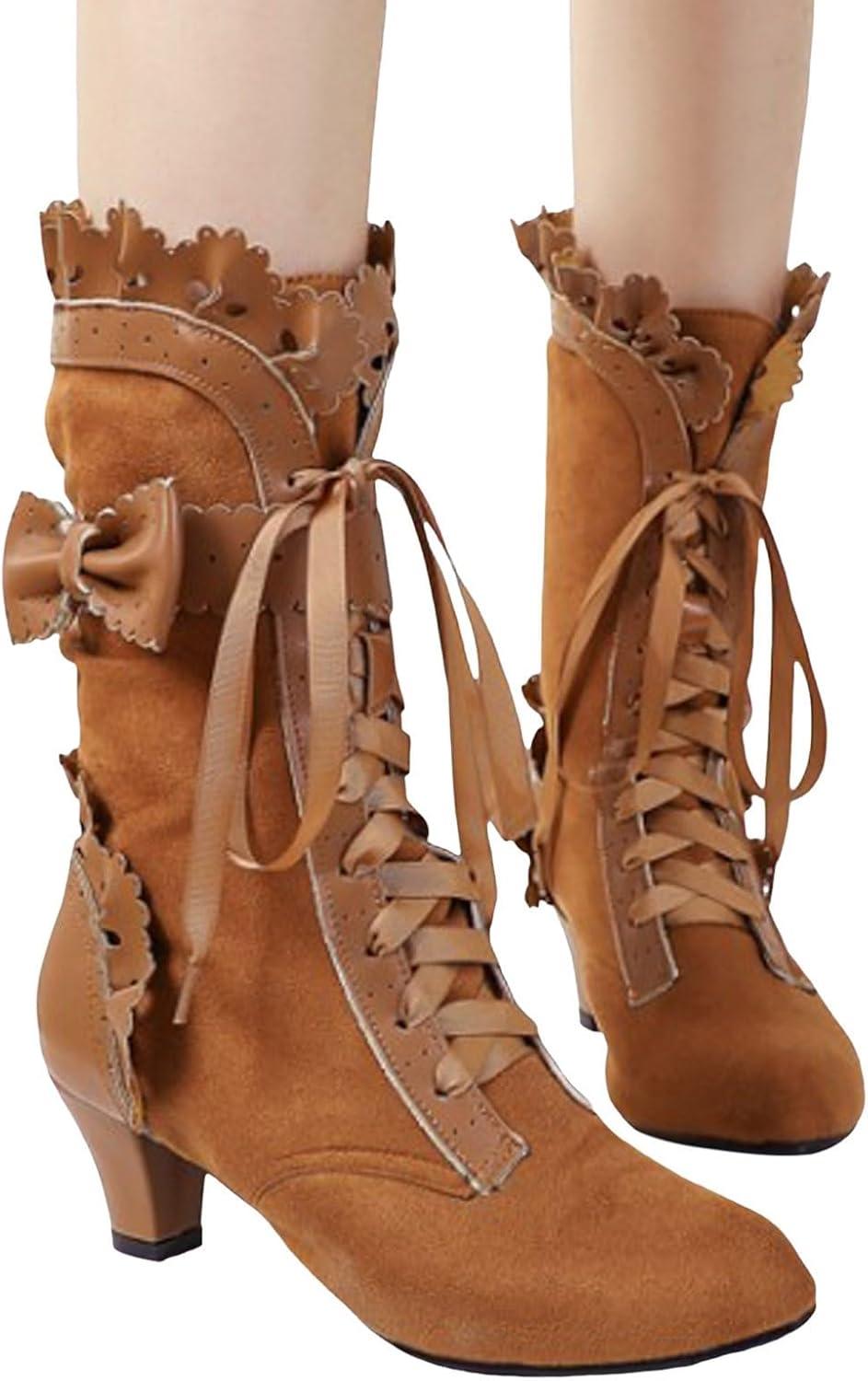 image:imageBoots Bottes mimollets pour femme avec talon lacets en cuir de veau vintage Bottes de loisirs paisses rtro pour femme Bottes de festivalKaki