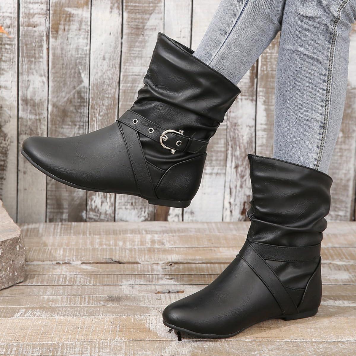 image:imageBottes MiMollet Femme Casual Botte Plat Chaussure Bottes de Cowgirl Antidrapant Bottine Chaud Boots avec Boucle pour HiverA Noir