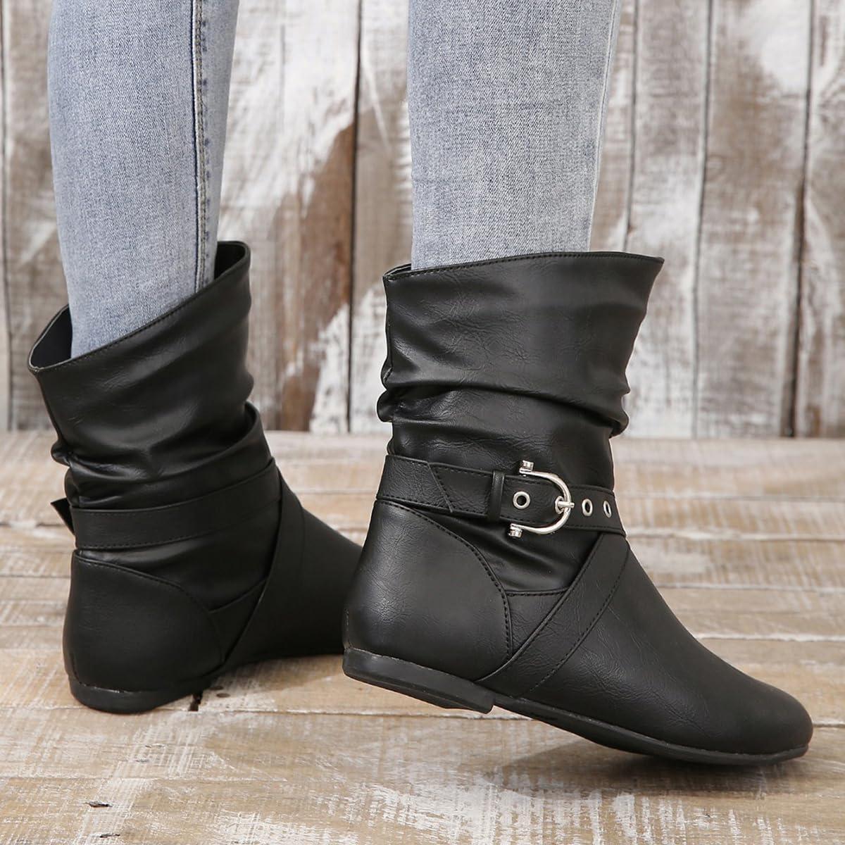 image:imageBottes MiMollet Femme Casual Botte Plat Chaussure Bottes de Cowgirl Antidrapant Bottine Chaud Boots avec Boucle pour HiverA Noir