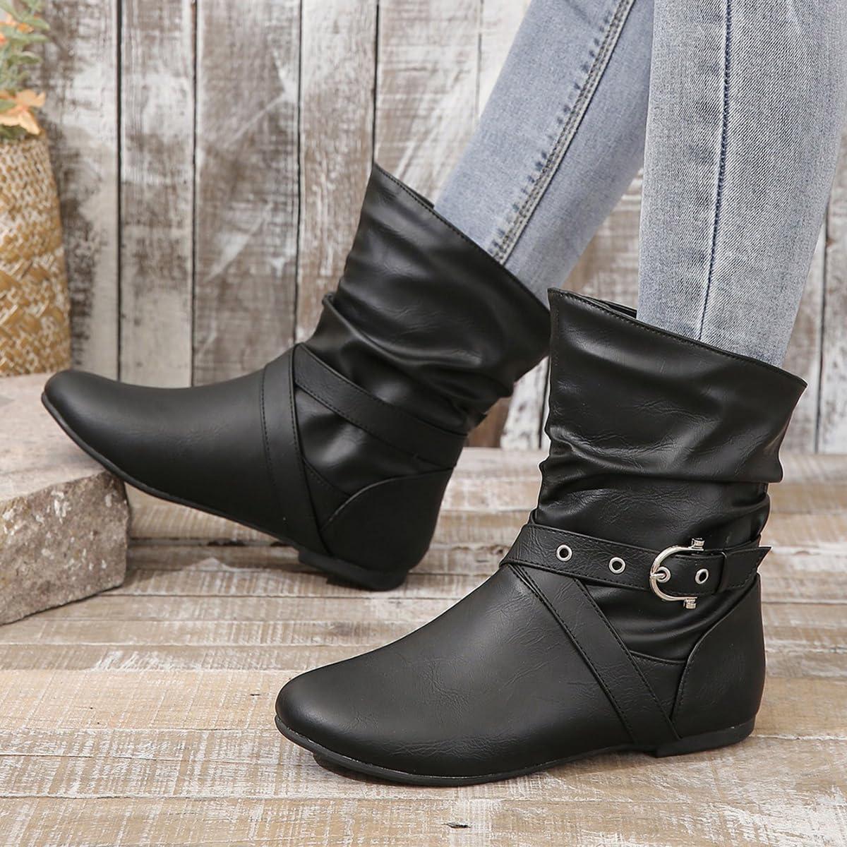 image:imageBottes MiMollet Femme Casual Botte Plat Chaussure Bottes de Cowgirl Antidrapant Bottine Chaud Boots avec Boucle pour HiverA Noir