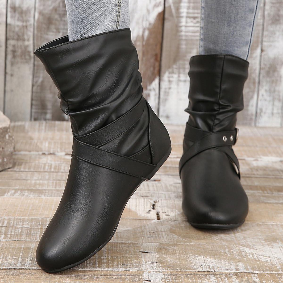 image:imageBottes MiMollet Femme Casual Botte Plat Chaussure Bottes de Cowgirl Antidrapant Bottine Chaud Boots avec Boucle pour HiverA Noir