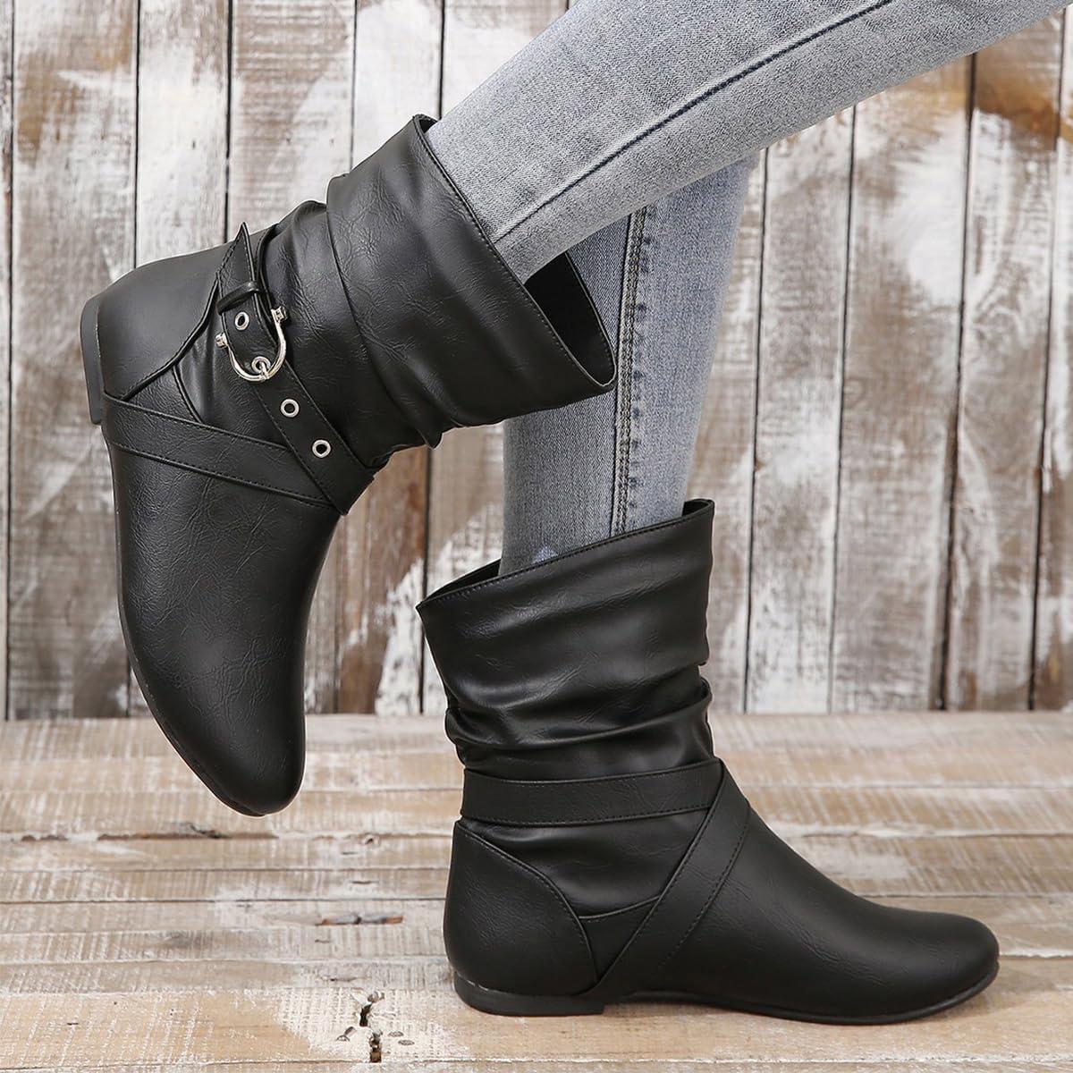 image:imageBottes MiMollet Femme Casual Botte Plat Chaussure Bottes de Cowgirl Antidrapant Bottine Chaud Boots avec Boucle pour HiverA Noir
