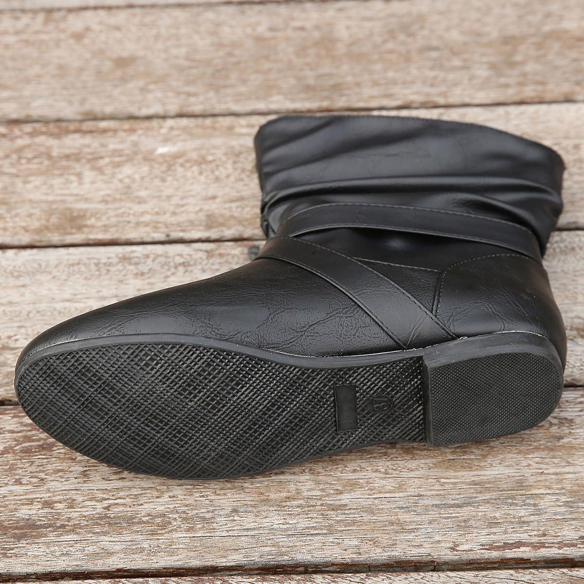 image:imageBottes MiMollet Femme Casual Botte Plat Chaussure Bottes de Cowgirl Antidrapant Bottine Chaud Boots avec Boucle pour HiverA Noir