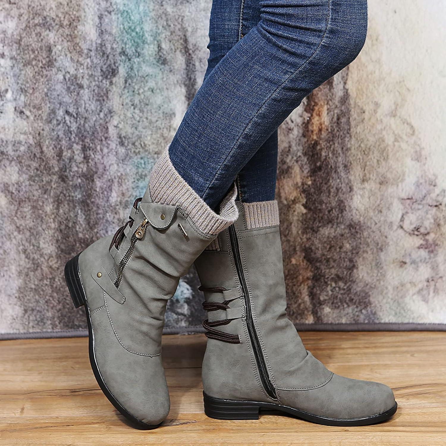 image:imageBottes Plateforme MiMollet pour Femme Bout Rond Bottines Femme Plates Cuir 2025 Nouveau Bottine Couleur Unie Dcontract Botte Automne Hiver Chic Boot Mi Mollet Chaussure Y2K Chaussures BotteGris