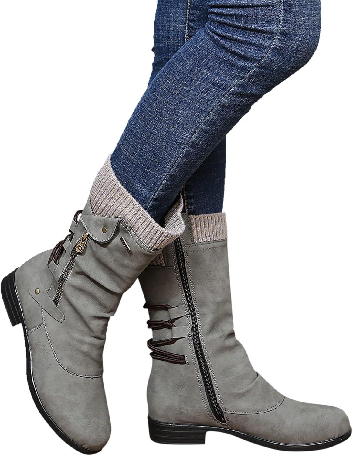 image:imageBottes Plateforme MiMollet pour Femme Bout Rond Bottines Femme Plates Cuir 2025 Nouveau Bottine Couleur Unie Dcontract Botte Automne Hiver Chic Boot Mi Mollet Chaussure Y2K Chaussures BotteGris