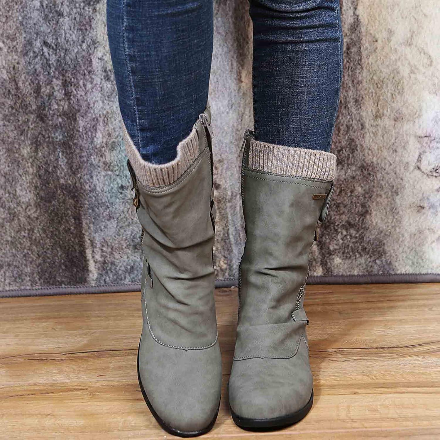 image:imageBottes Plateforme MiMollet pour Femme Bout Rond Bottines Femme Plates Cuir 2025 Nouveau Bottine Couleur Unie Dcontract Botte Automne Hiver Chic Boot Mi Mollet Chaussure Y2K Chaussures BotteGris
