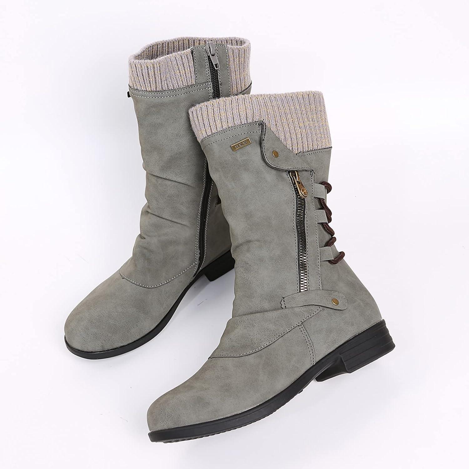 image:imageBottes Plateforme MiMollet pour Femme Bout Rond Bottines Femme Plates Cuir 2025 Nouveau Bottine Couleur Unie Dcontract Botte Automne Hiver Chic Boot Mi Mollet Chaussure Y2K Chaussures BotteGris