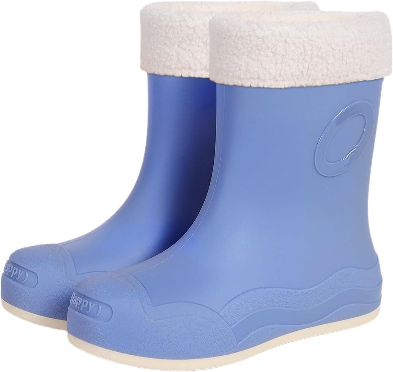 image:imageBottes Pluie Haute Femme Confortable Boots Femme Bottes Caoutchouc Fourres Bottines Hiver Botas Plateforme de Talon Carr Para Mujer MiMollet pour Chaussures HiverBleu Ciel