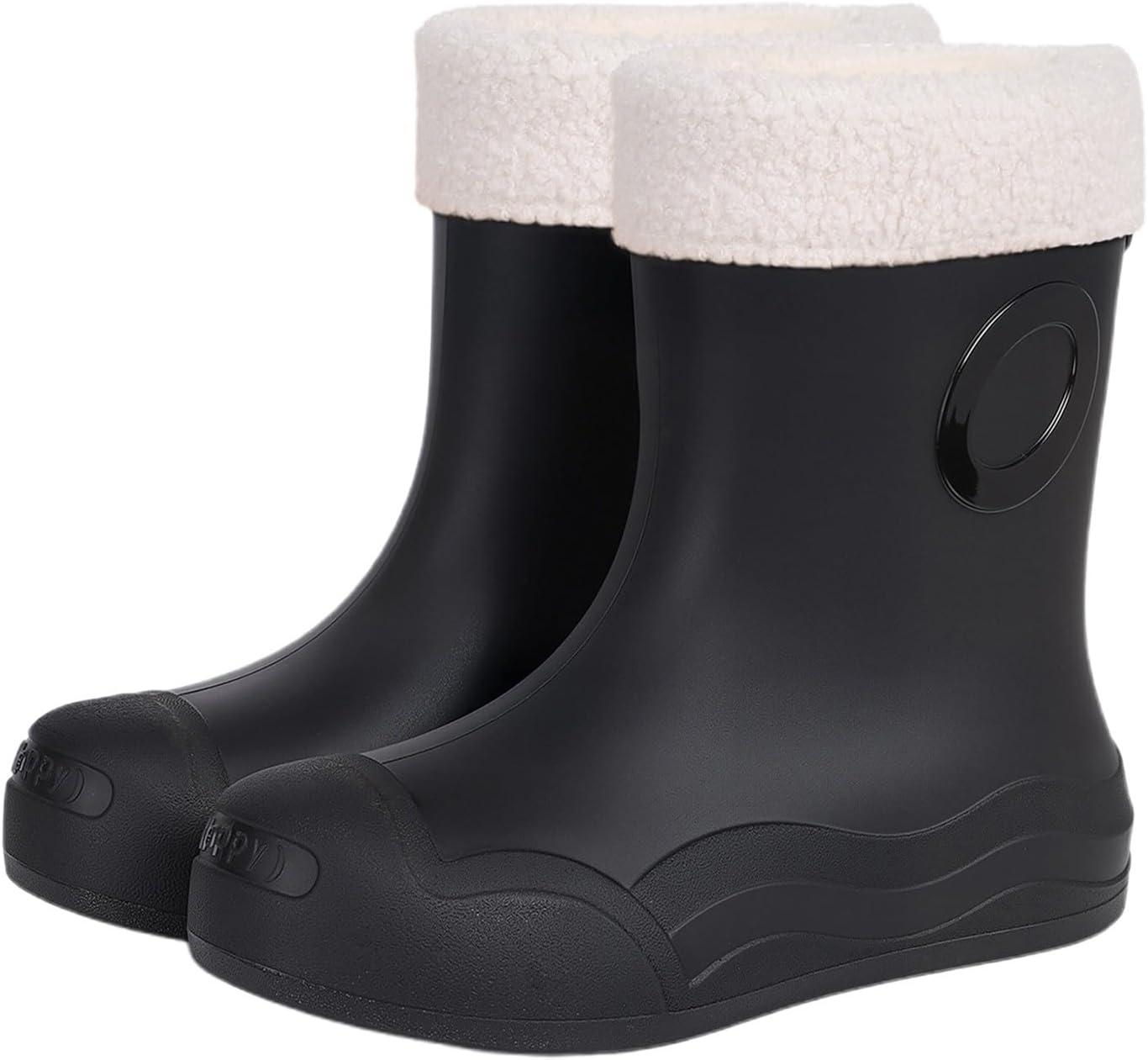 image:imageBottes Pluie Haute Femme Confortable Boots Femme Bottes Caoutchouc Fourres Bottines Hiver Botas Plateforme de Talon Carr Para Mujer MiMollet pour Chaussures HiverNoir