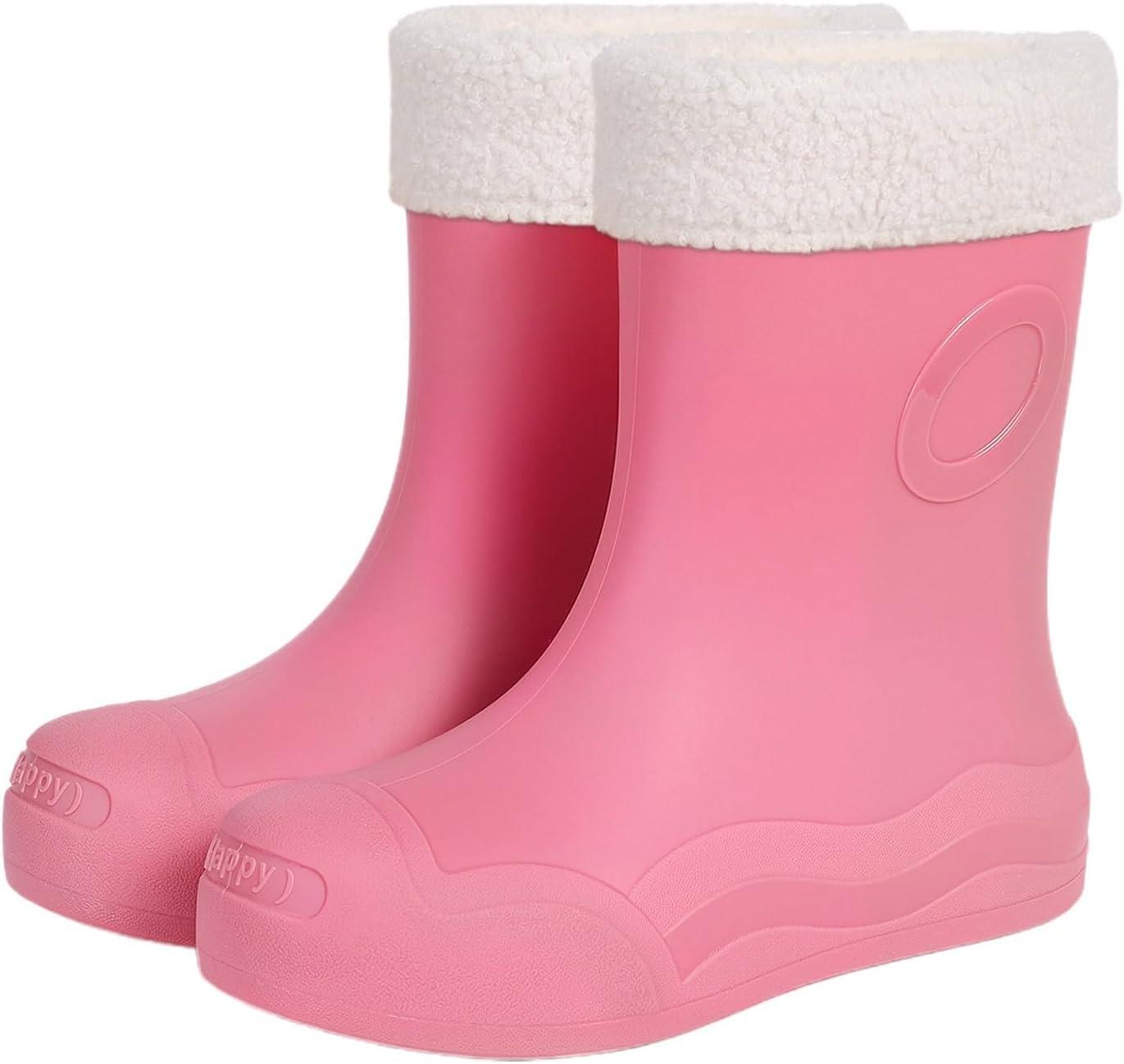 image:imageBottes Pluie Mollets Larges Talon Femme Bottes Caoutchouc Fourres Femme Bottines Talons Carrs pour MiMollet Semelles Antidrapantes HiverRose