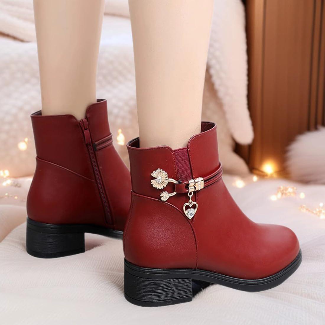 image:imageBottes dhiver bottines pour femmes bottes doubles chaudes bottes plateforme cuir bottes de neige impermables chaussures de marche en plein air baskets bottes dhiver confortablesVin Rouge