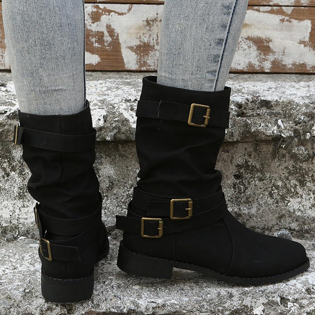image:imageBottes et Bottines Femme de Cowboy Motard Casual Bottes Talons Pais Hiver Mode Bout Rond Confortables sans Lacet Chaussures Courtes MiMollet BottesA Noir