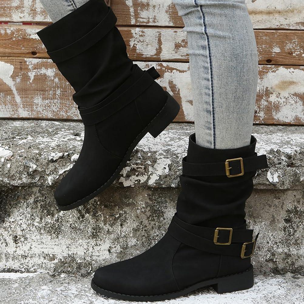 image:imageBottes et Bottines Femme de Cowboy Motard Casual Bottes Talons Pais Hiver Mode Bout Rond Confortables sans Lacet Chaussures Courtes MiMollet BottesA Noir