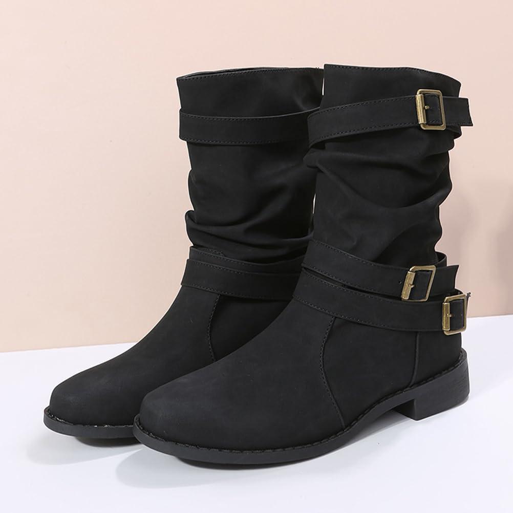 image:imageBottes et Bottines Femme de Cowboy Motard Casual Bottes Talons Pais Hiver Mode Bout Rond Confortables sans Lacet Chaussures Courtes MiMollet BottesA Noir