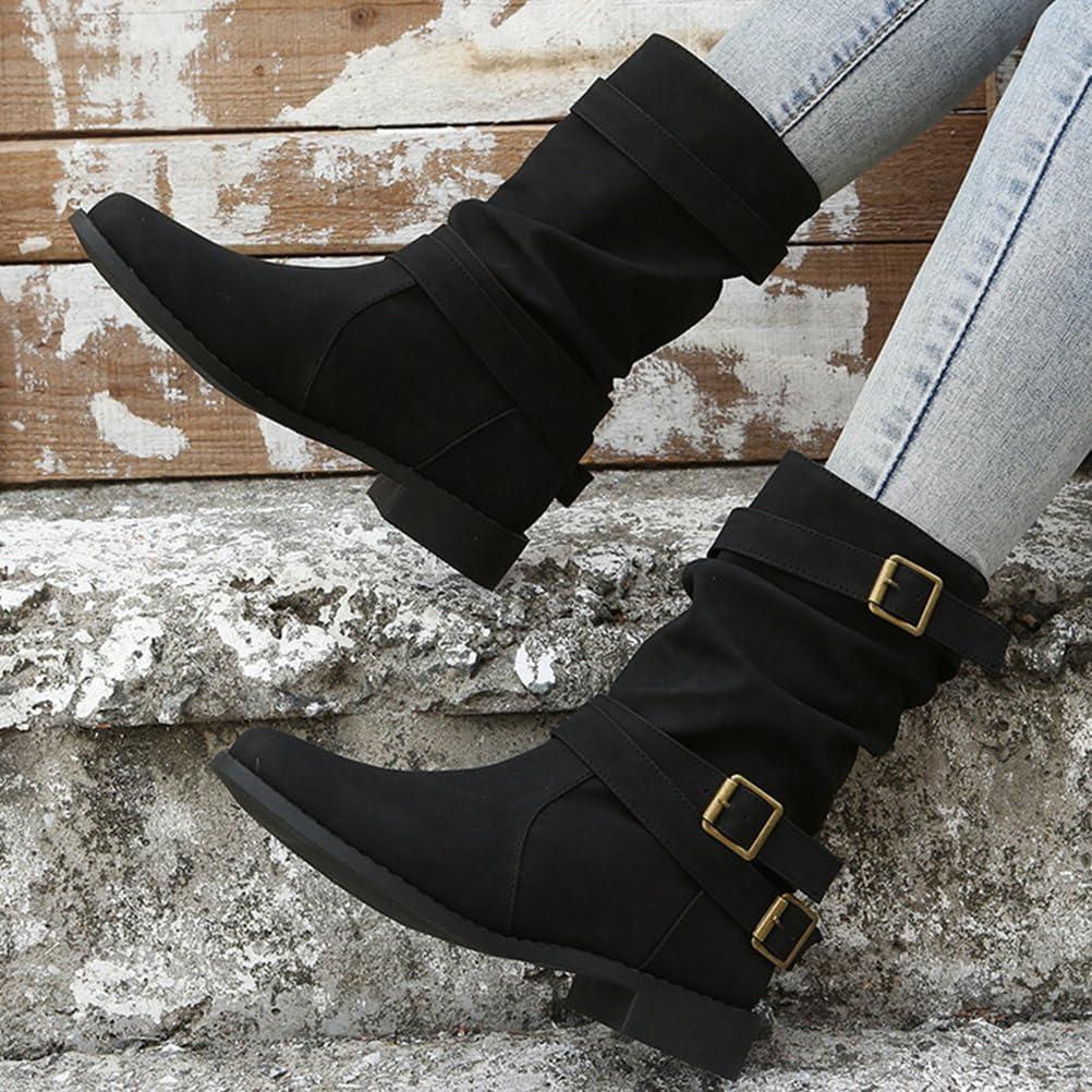 image:imageBottes et Bottines Femme de Cowboy Motard Casual Bottes Talons Pais Hiver Mode Bout Rond Confortables sans Lacet Chaussures Courtes MiMollet BottesA Noir