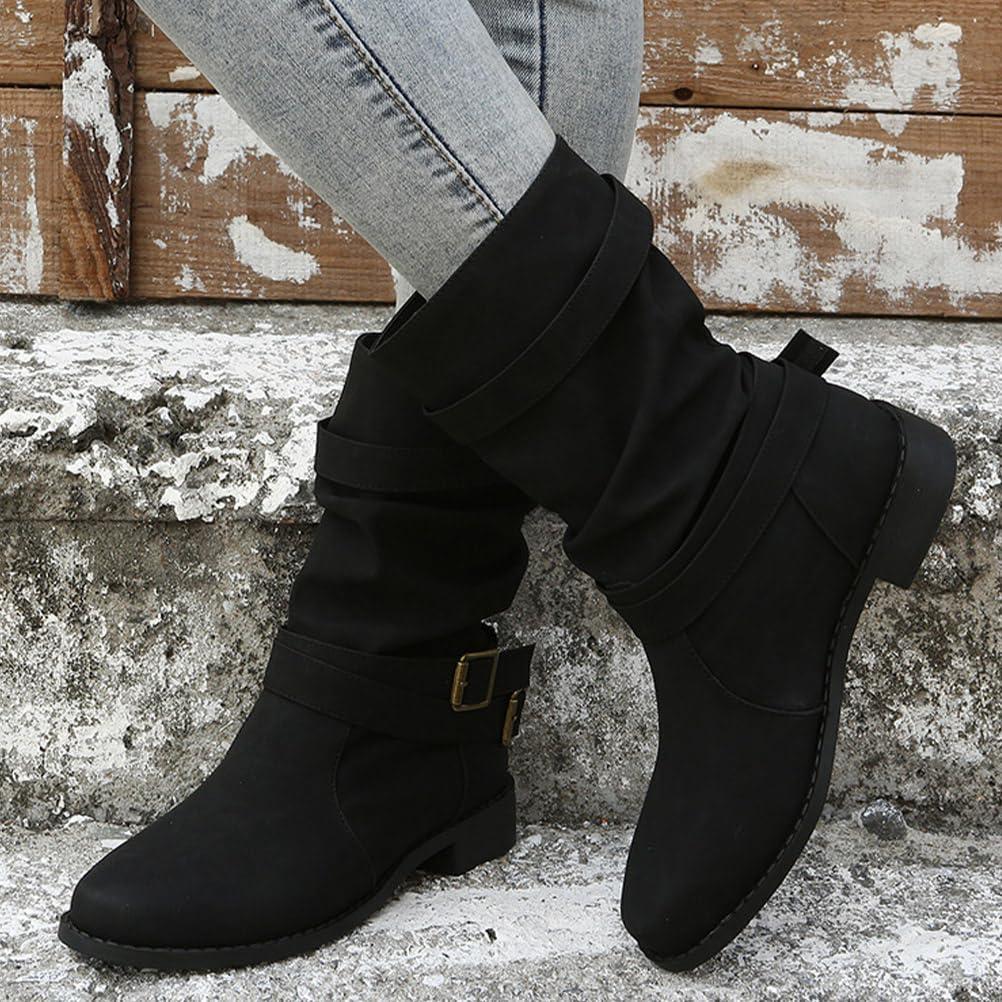 image:imageBottes et Bottines Femme de Cowboy Motard Casual Bottes Talons Pais Hiver Mode Bout Rond Confortables sans Lacet Chaussures Courtes MiMollet BottesA Noir