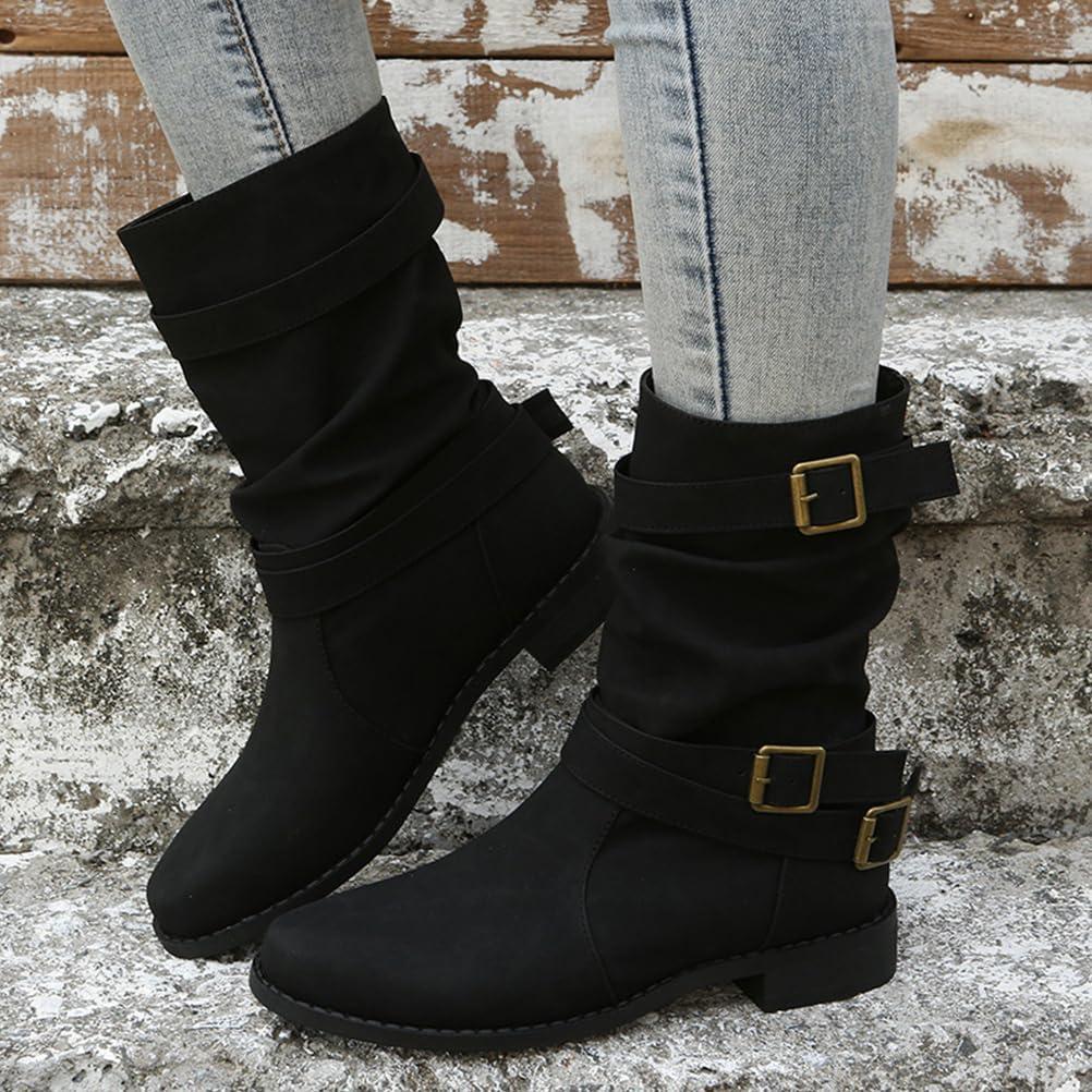 image:imageBottes et Bottines Femme de Cowboy Motard Casual Bottes Talons Pais Hiver Mode Bout Rond Confortables sans Lacet Chaussures Courtes MiMollet BottesA Noir