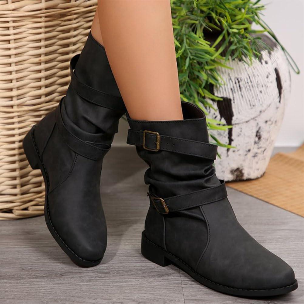 image:imageBottes et Bottines Femme de Cowboy Motard Casual Bottes Talons Pais Hiver Mode Bout Rond Confortables sans Lacet Chaussures Courtes MiMollet BottesB Noir
