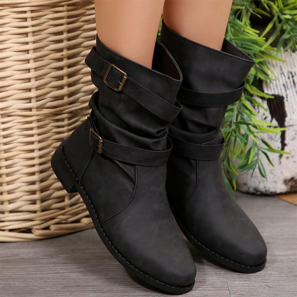 image:imageBottes et Bottines Femme de Cowboy Motard Casual Bottes Talons Pais Hiver Mode Bout Rond Confortables sans Lacet Chaussures Courtes MiMollet BottesB Noir