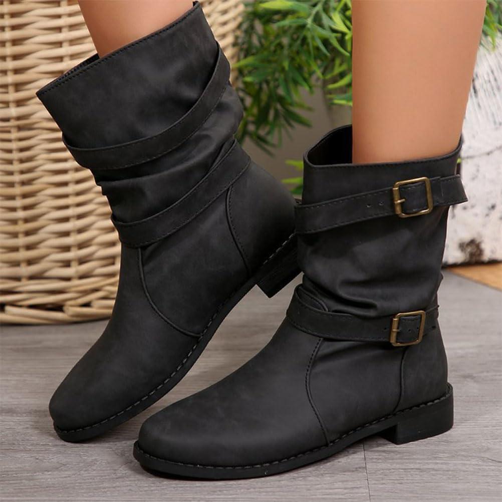 image:imageBottes et Bottines Femme de Cowboy Motard Casual Bottes Talons Pais Hiver Mode Bout Rond Confortables sans Lacet Chaussures Courtes MiMollet BottesB Noir