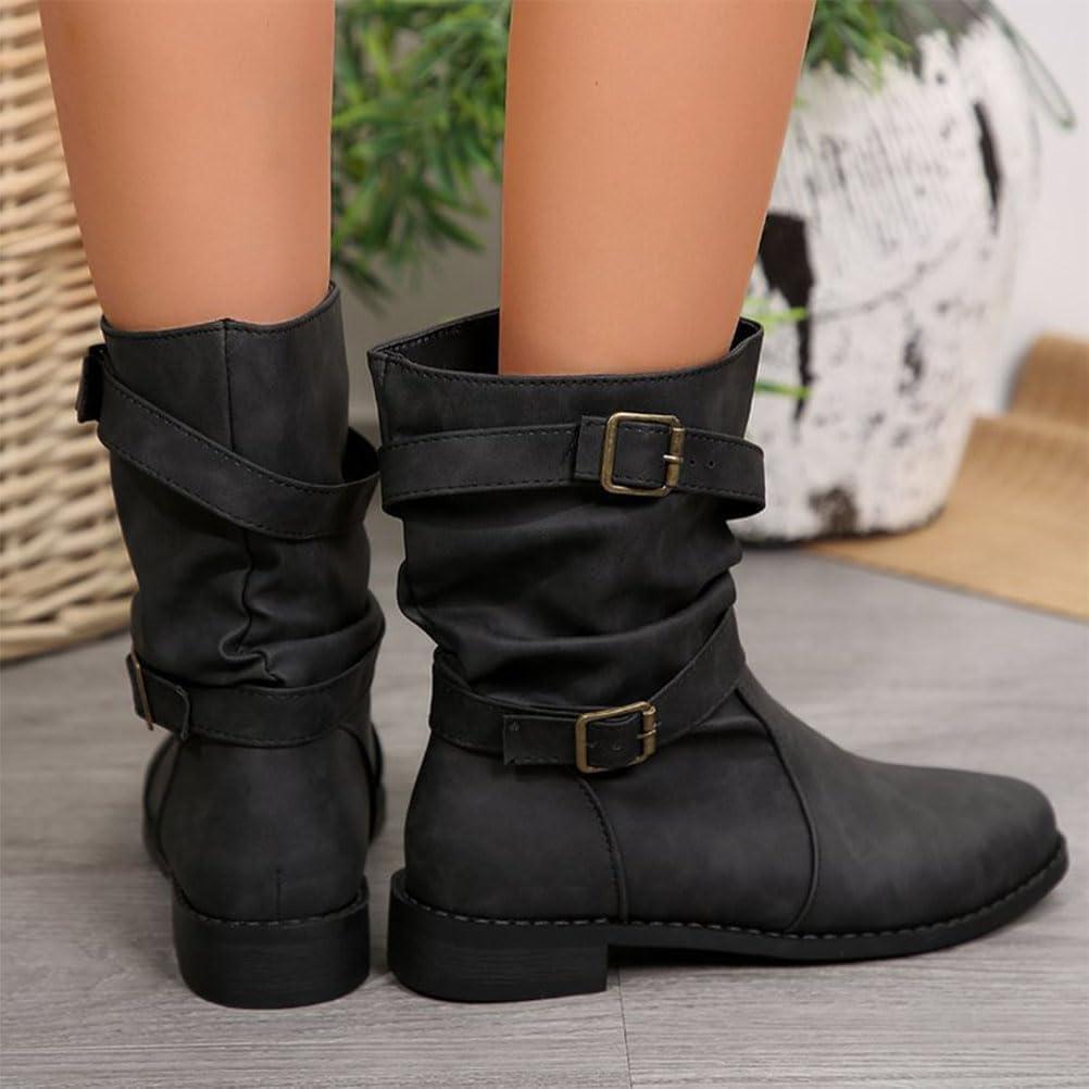 image:imageBottes et Bottines Femme de Cowboy Motard Casual Bottes Talons Pais Hiver Mode Bout Rond Confortables sans Lacet Chaussures Courtes MiMollet BottesB Noir