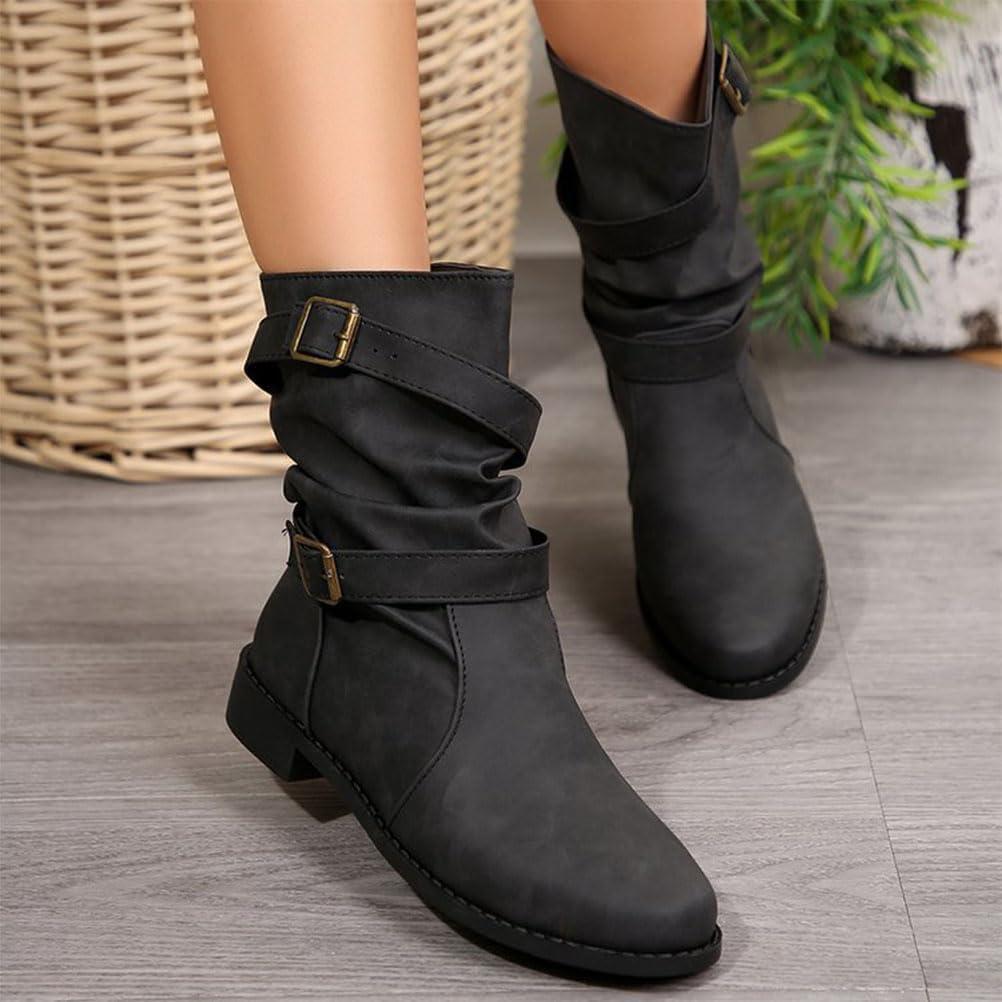 image:imageBottes et Bottines Femme de Cowboy Motard Casual Bottes Talons Pais Hiver Mode Bout Rond Confortables sans Lacet Chaussures Courtes MiMollet BottesB Noir