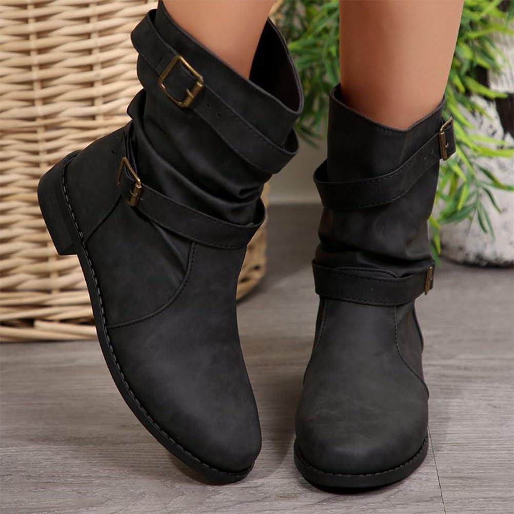 image:imageBottes et Bottines Femme de Cowboy Motard Casual Bottes Talons Pais Hiver Mode Bout Rond Confortables sans Lacet Chaussures Courtes MiMollet BottesB Noir