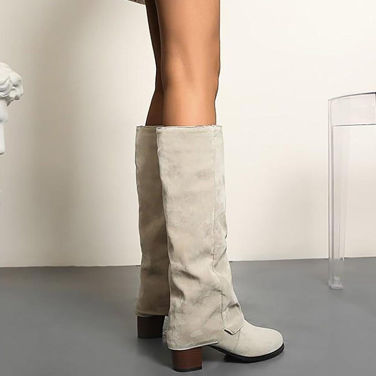 image:imageBottes mimollet pour femme talon bloc en faux daim enfiler Bottes longues au genou Chaussures bout pointu Chaussures talons mipais Souples et confortables Automne et hiverBlanc