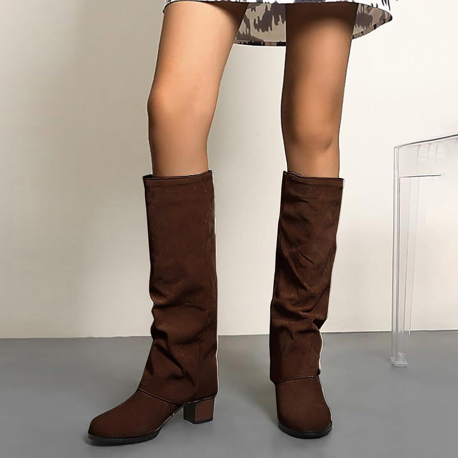 image:imageBottes mimollet pour femme talon bloc en faux daim enfiler Bottes longues au genou Chaussures bout pointu Chaussures talons mipais Souples et confortables Automne et hiverMarron