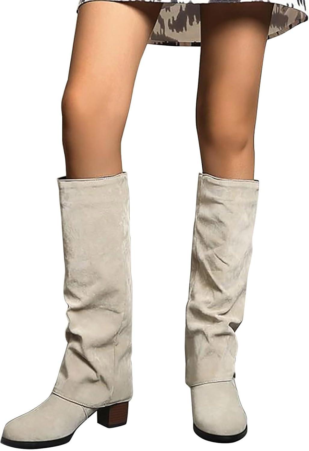 image:imageBottes mimollet pour femme talon bloc en faux daim enfiler Bottes longues au genou Chaussures bout pointu Chaussures talons mipais Souples et confortables Automne et hiverBlanc