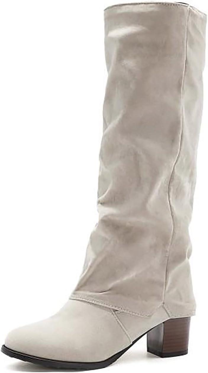image:imageBottes mimollet pour femme talon bloc en faux daim enfiler Bottes longues au genou Chaussures bout pointu Chaussures talons mipais Souples et confortables Automne et hiverBlanc
