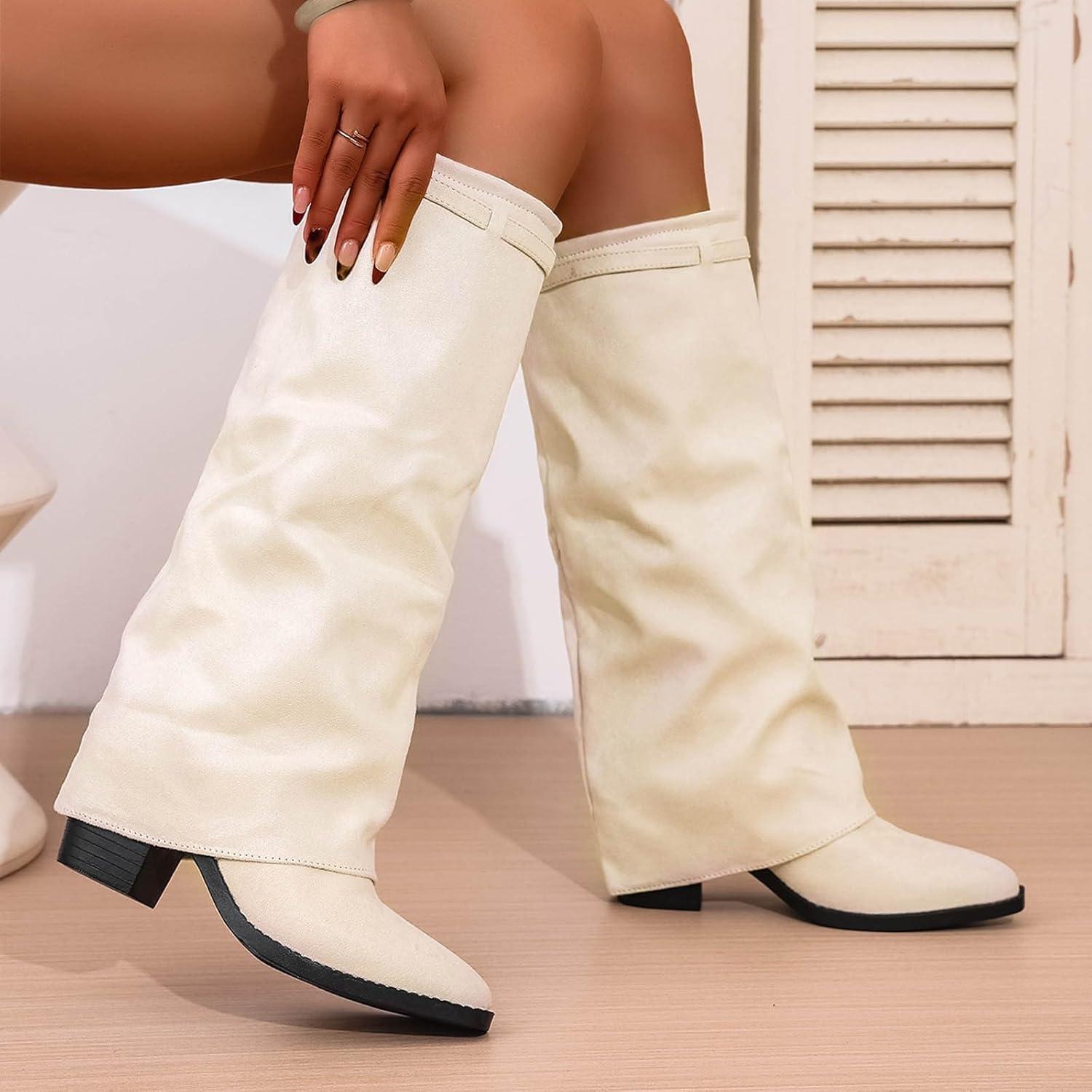 image:imageBottes mimollet pour femmes bottes tendance en daim boucle bout pointu bottes hautes genou bottines talons confortables pour lautomne et lhiver vtements dextrieur dcontractsBlanc