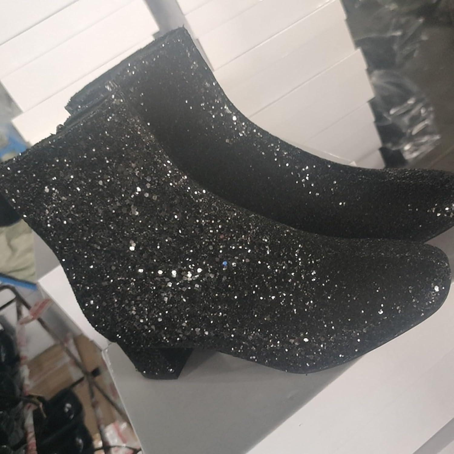 image:imageBottines paillettes pour femme avec strass et talons pais avec fermeture clair latrale bout rond talon bloc bas court habill confortable dcontractA Noir