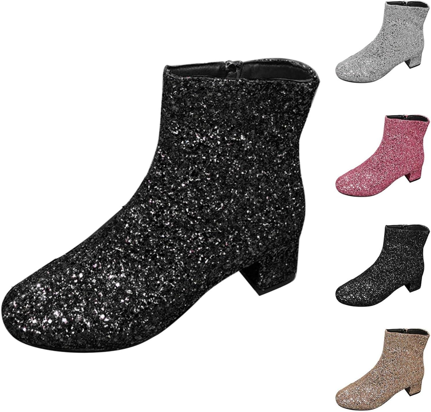 image:imageBottines paillettes pour femme avec strass et talons pais avec fermeture clair latrale bout rond talon bloc bas court habill confortable dcontractA Noir