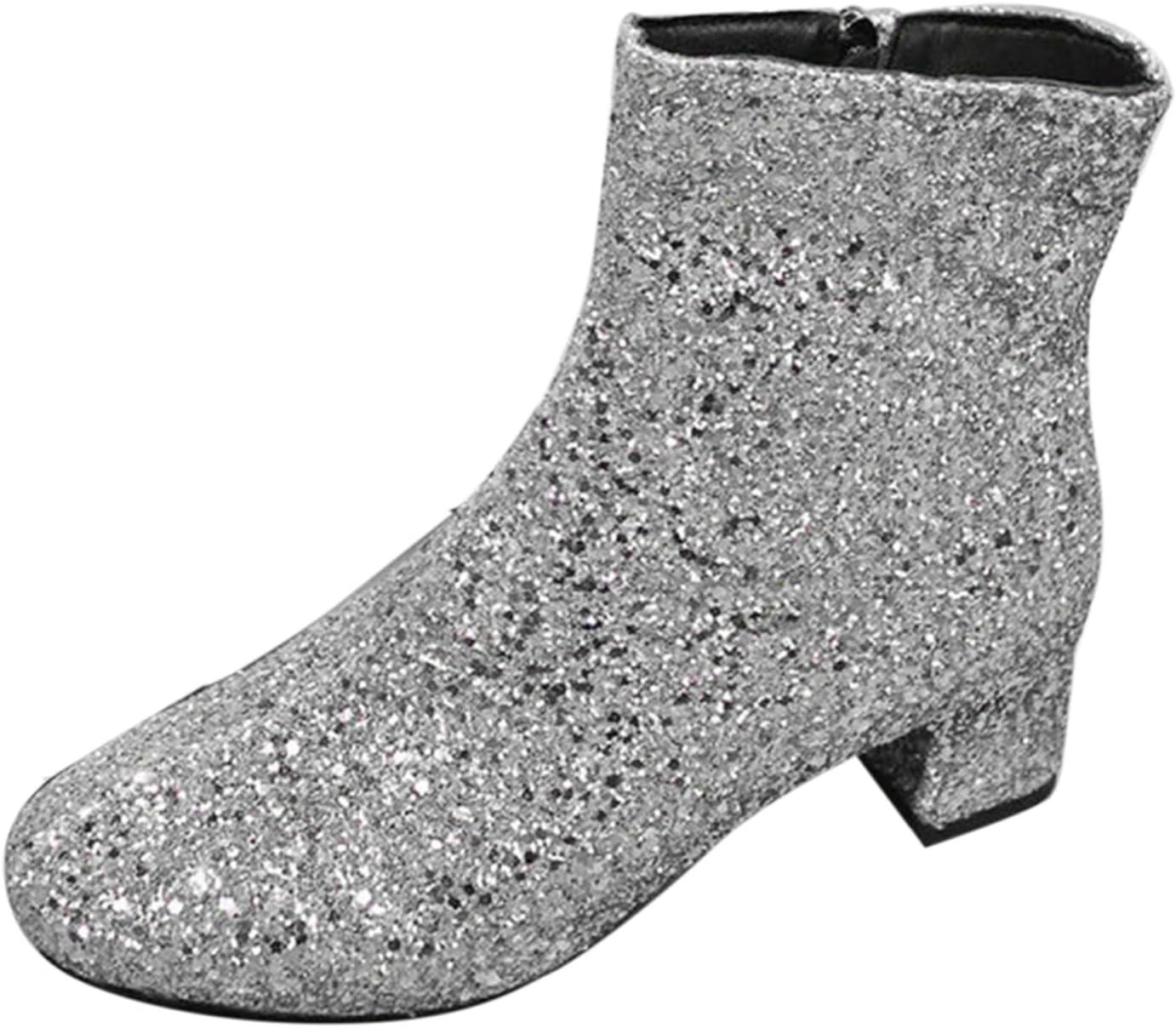 image:imageBottines paillettes pour femme avec strass et talons pais avec fermeture clair latrale bout rond talon bloc bas court habill confortable dcontractArgent