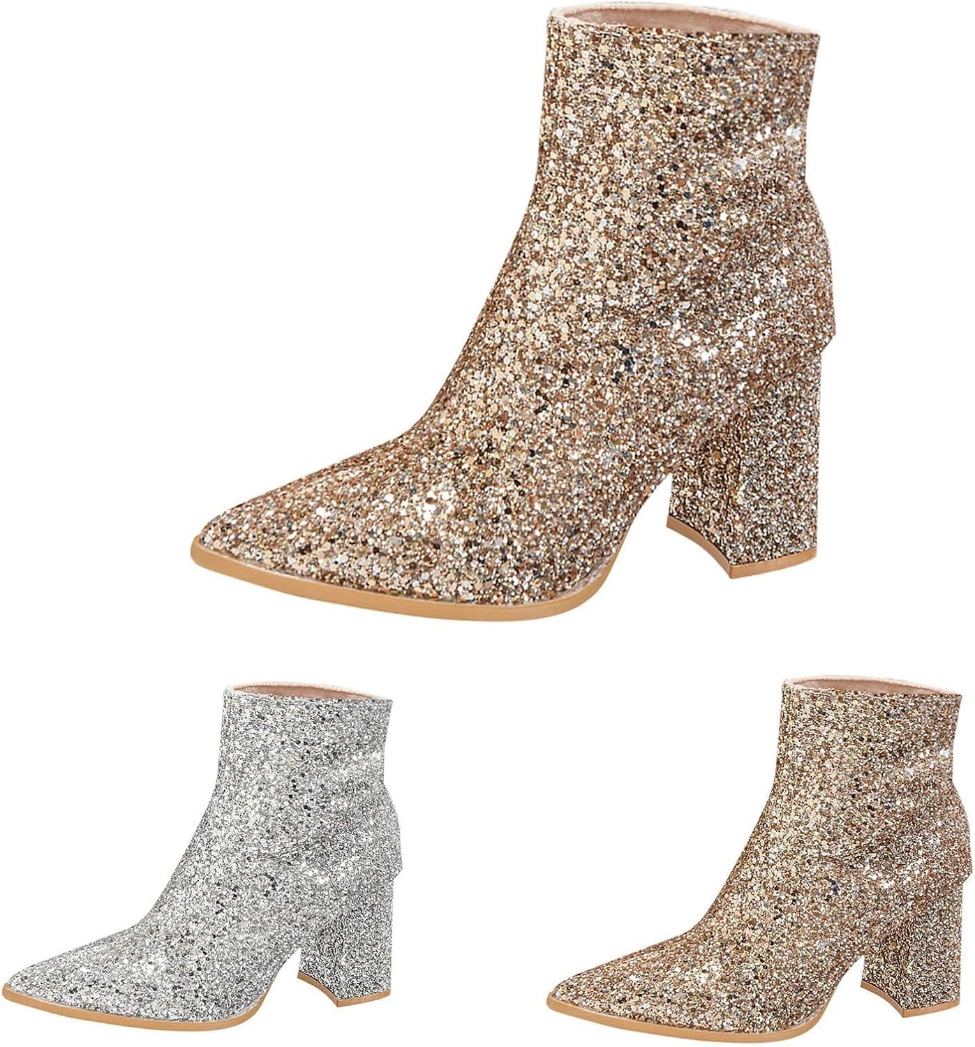 image:imageBottines paillettes pour femme avec strass et talons pais avec fermeture clair latrale bout rond talon bloc bas court habill confortable dcontractBout Pointu Dor