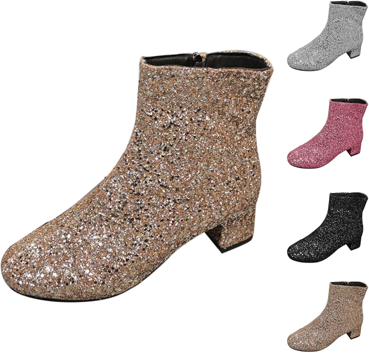 image:imageBottines paillettes pour femme avec strass et talons pais avec fermeture clair latrale bout rond talon bloc bas court habill confortable dcontractDor