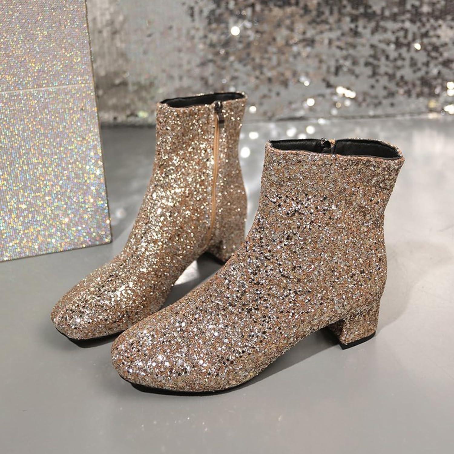 image:imageBottines paillettes pour femme avec strass et talons pais avec fermeture clair latrale bout rond talon bloc bas court habill confortable dcontractDor