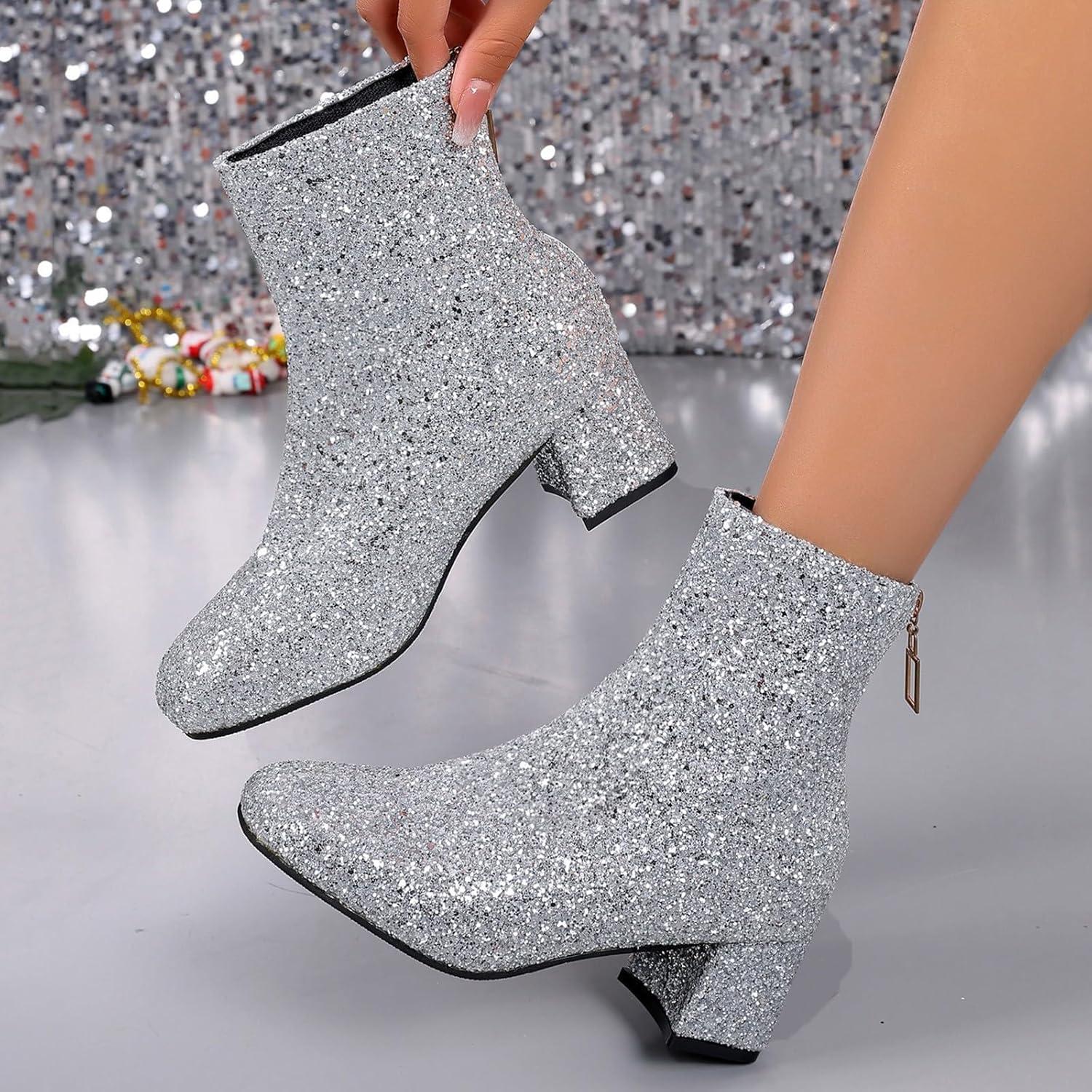 image:imageBottines paillettes pour femme avec strass et talons pais avec fermeture clair latrale bout rond talon bloc bas court habill confortable dcontractFermeture clair Arrire Argente