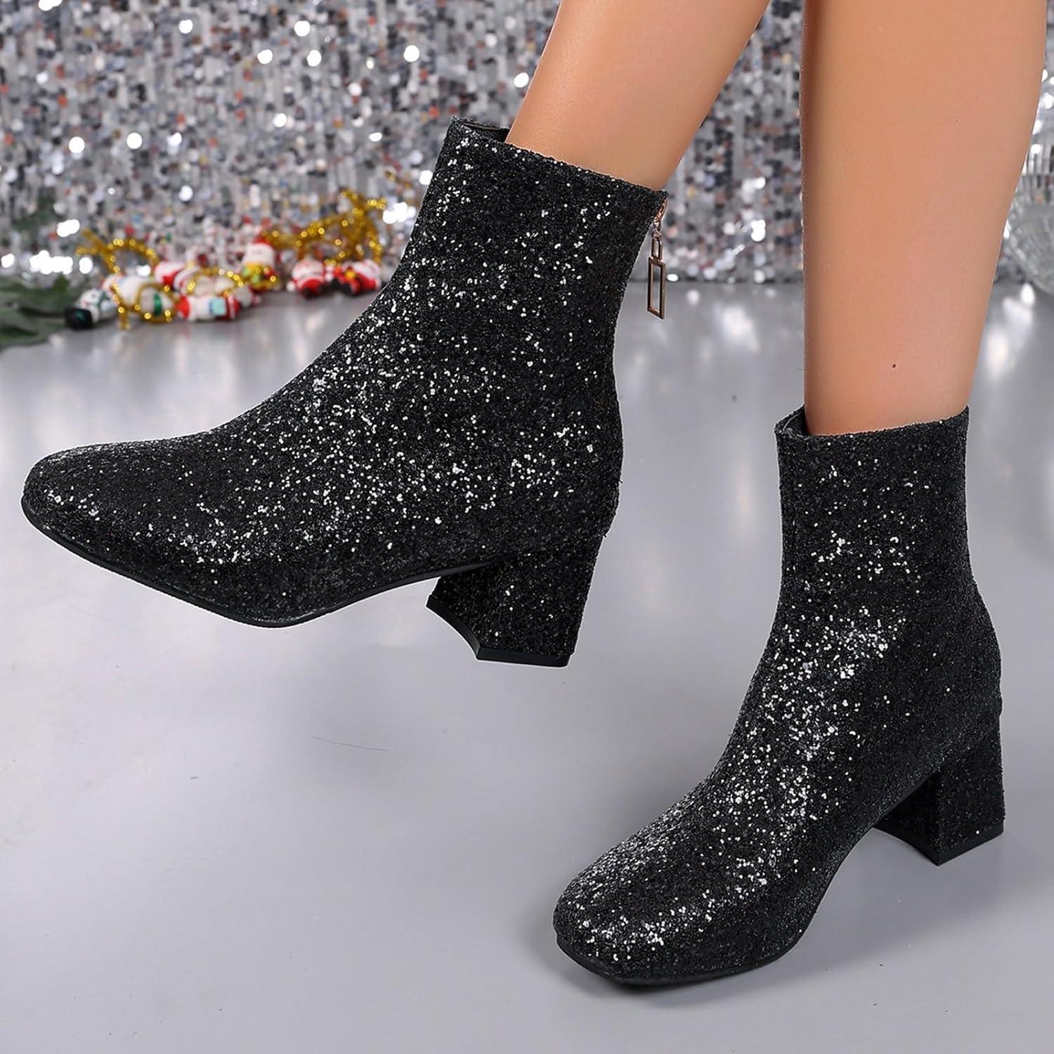 image:imageBottines paillettes pour femme avec strass et talons pais avec fermeture clair latrale bout rond talon bloc bas court habill confortable dcontractFermeture clair Arrire Noire