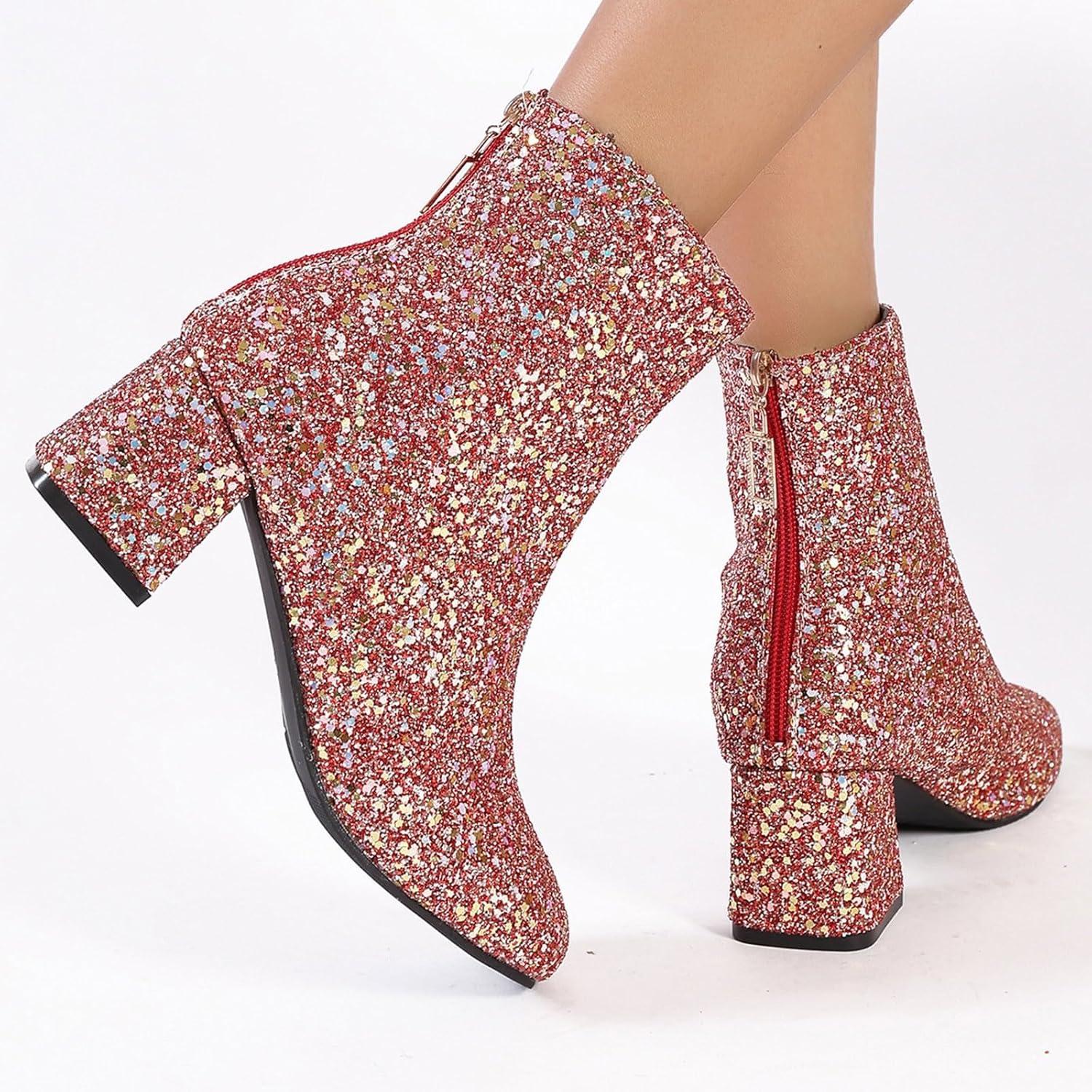 image:imageBottines paillettes pour femme avec strass et talons pais avec fermeture clair latrale bout rond talon bloc bas court habill confortable dcontractFermeture clair Arrire Rose