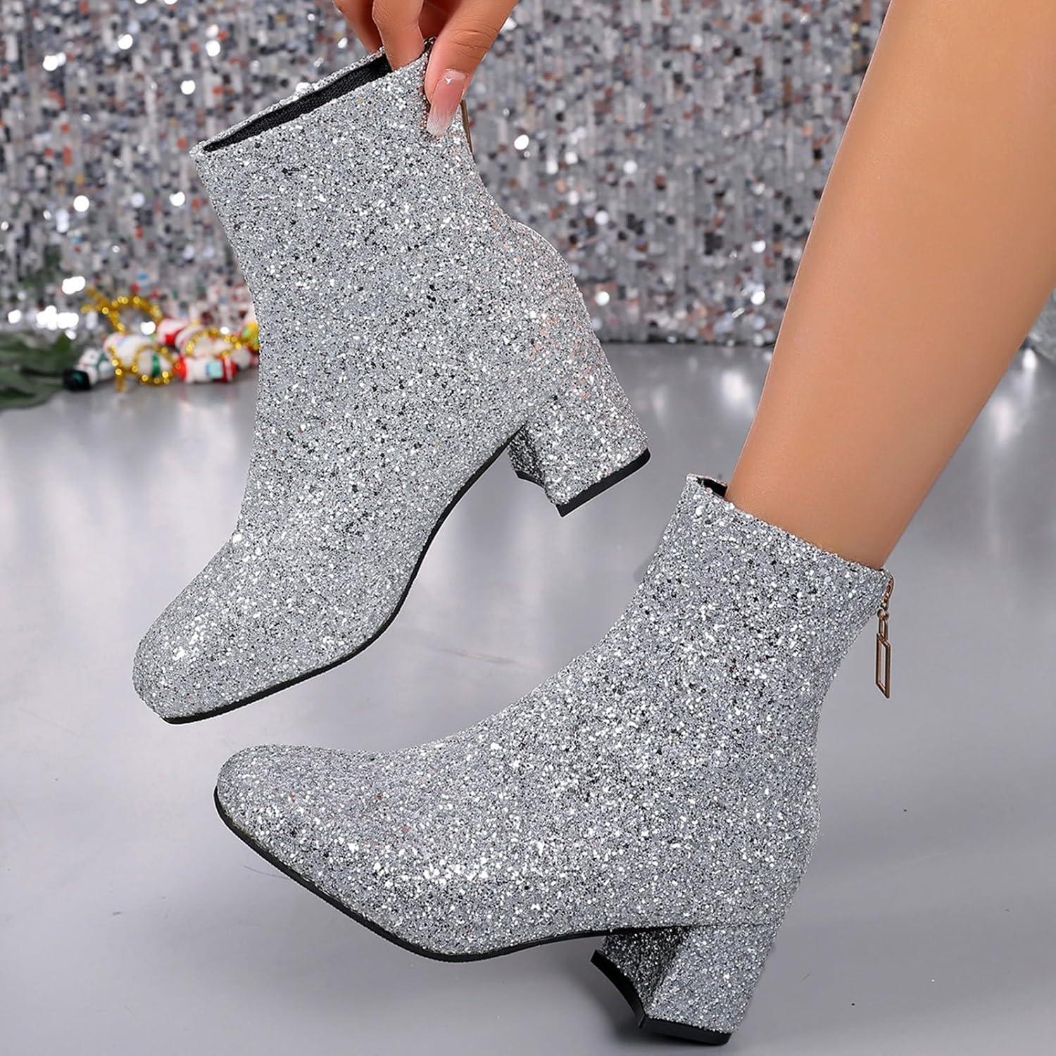 image:imageBottines paillettes pour femme avec strass et talons pais avec fermeture clair latrale bout rond talon bloc bas court habill confortable dcontractFermeture clair Arrire Argente