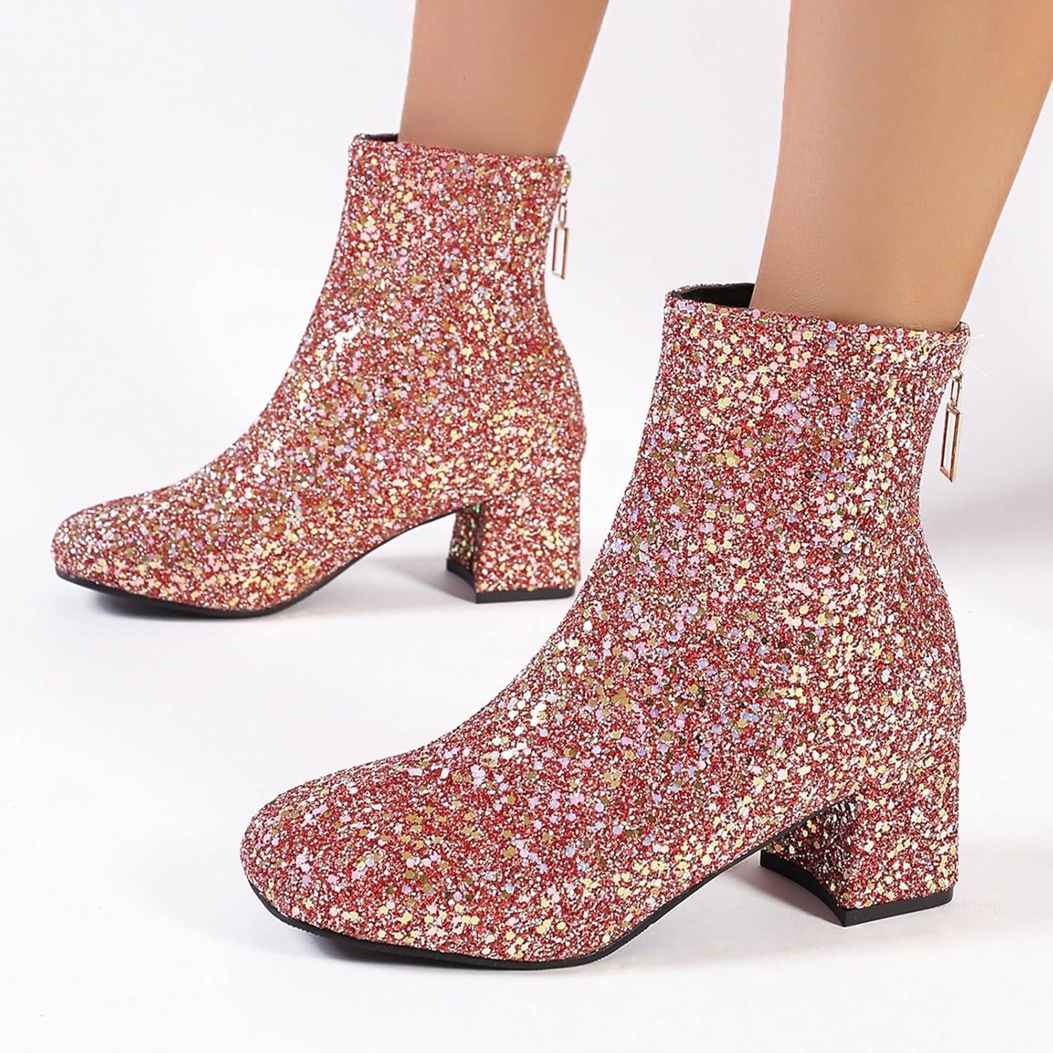image:imageBottines paillettes pour femme avec strass et talons pais avec fermeture clair latrale bout rond talon bloc bas court habill confortable dcontractFermeture clair Arrire Rose