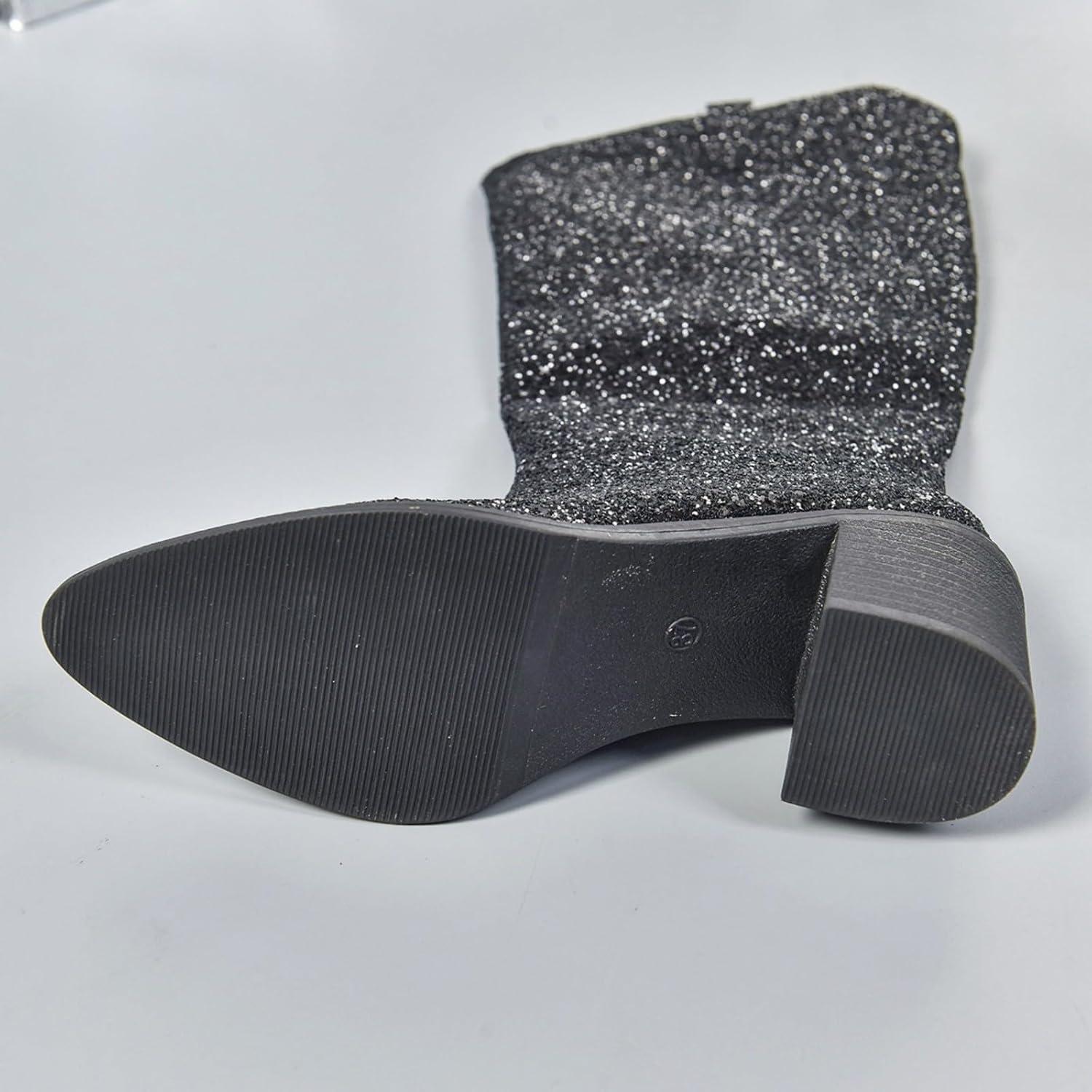 image:imageBottines paillettes pour femme avec strass et talons pais avec fermeture clair latrale bout rond talon bloc bas court habill confortable dcontractNoir
