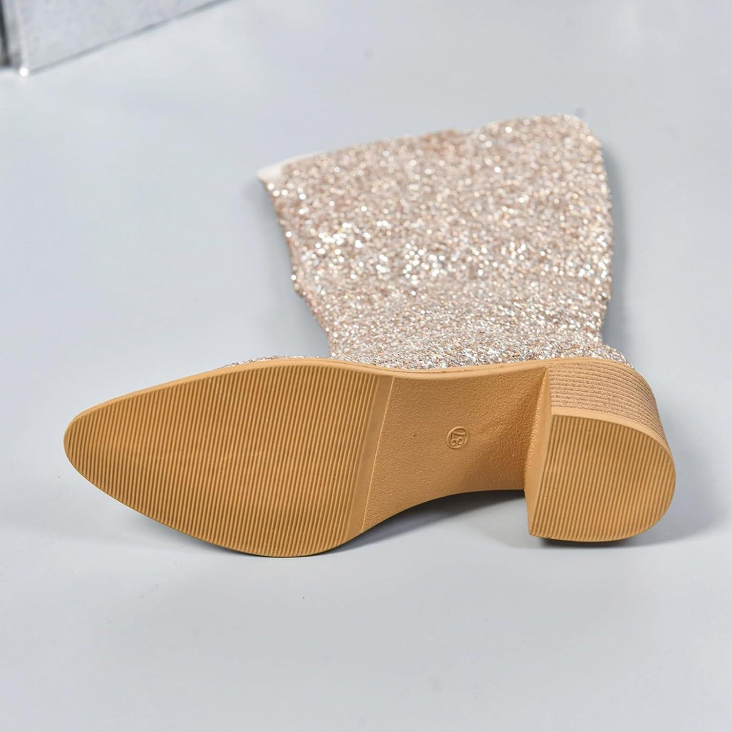 image:imageBottines paillettes pour femme avec strass et talons pais avec fermeture clair latrale bout rond talon bloc bas court habill confortable dcontractOr Haut